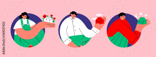 Young people holding tiny houses, small buildings. Cute cartoon character with small head. Hand drawn Vector illustrations. Real estate, property, housing, design studio, sweet home concept