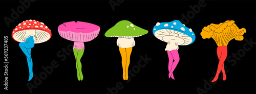 Set of various Mushrooms with graceful female legs. Abstract ladies with mushroom hats. Hand drawn modern Vector illustration. Unique creatures, isolated characters. Psychedelic, trip concept