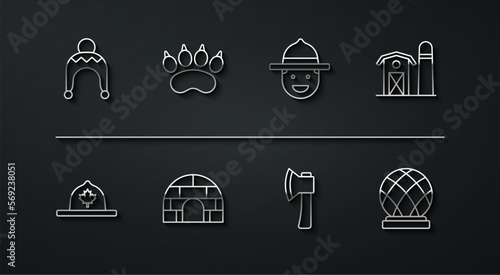 Set line Winter hat, Canadian ranger, Farm house, Wooden axe, Igloo ice, Bear paw footprint, Montreal Biosphere and icon. Vector