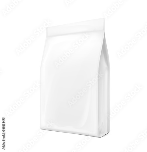 Vertical bag package mockup. Vector illustration isolated on white background. Half side view. Easy to use for presentation your product, idea, promo, design. EPS10.	