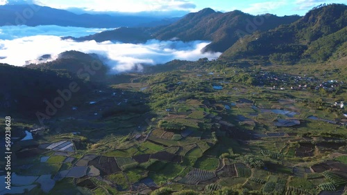 Cinematic aerial top view of Mountains, Fields and Rice Paddies photo