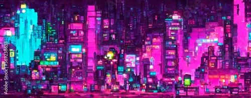 Cyberpunk neon city night. Futuristic city scene in a style of pixel art. 80's wallpaper. Retro future Generative AI illustration. Urban scene.