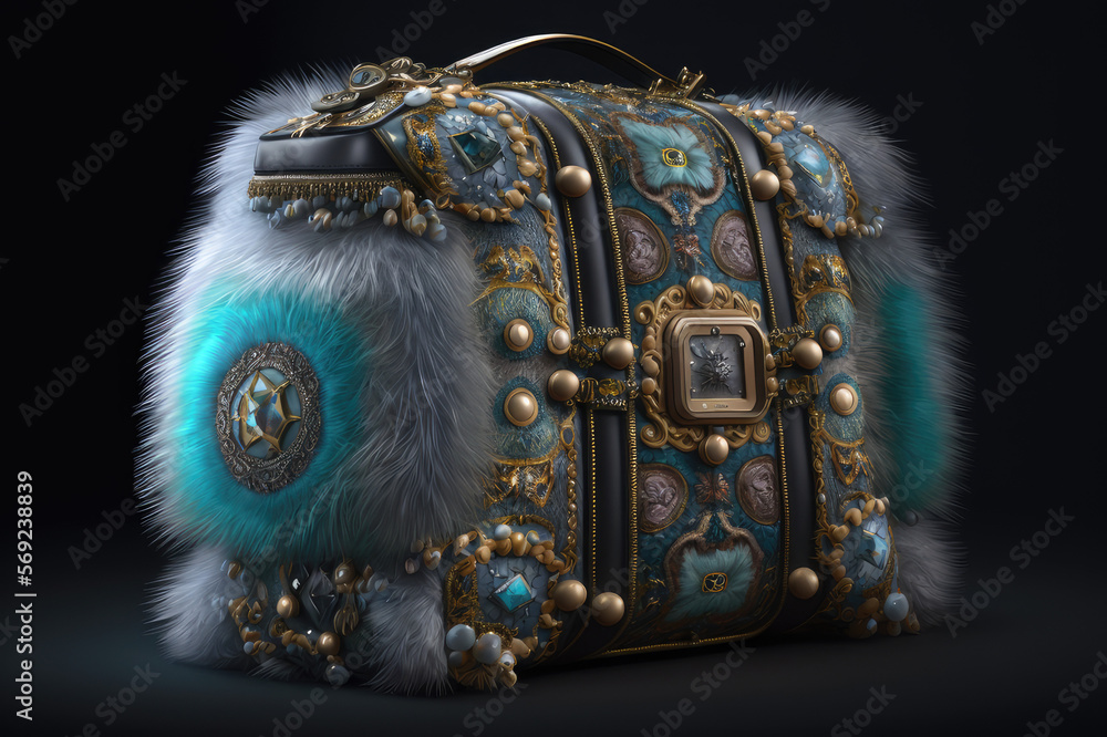 Collection of bags 2023, Ukrainian style, leather, fur, precious stones, gold. Generative AI