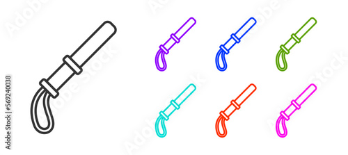 Black line Police rubber baton icon isolated on white background. Rubber truncheon. Police Bat. Police equipment. Set icons colorful. Vector