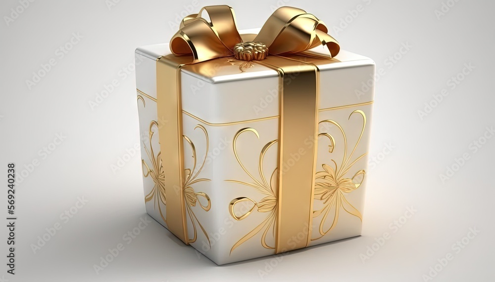 a white gift box with gold ribbon and a bow on it's top, on a white ...