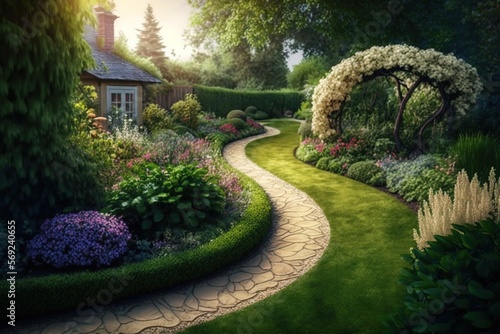 Private garden. edging with elegant flower beds beautiful gravel path. Cotswold Cottage Garden style landscape design. Generative ai