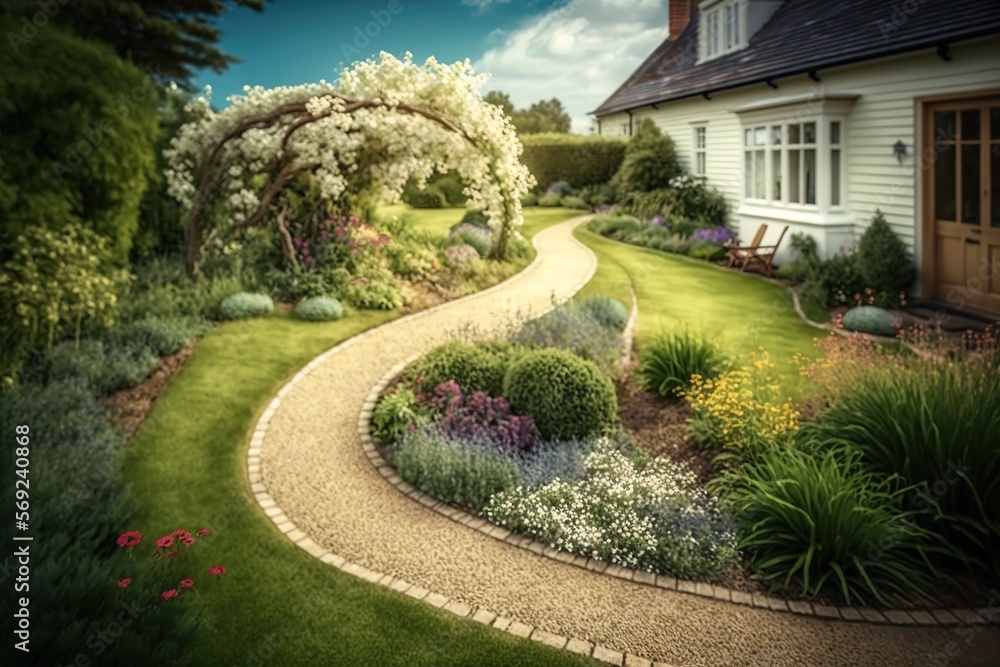 Private garden. edging with elegant flower beds beautiful gravel path