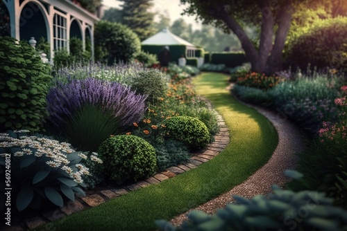 Private garden. edging with elegant flower beds beautiful gravel path. Cotswold Cottage Garden style landscape design. Generative ai