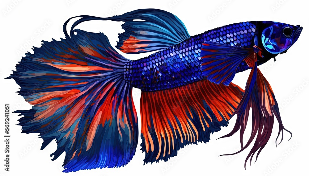  a blue and red fish with long tail and long tail, on a white background, with a black tail and a red tail and blue tail.  generative ai