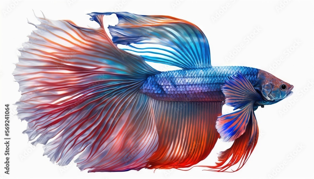  a blue and red siamese fish with a white back ground and a white back ground with a red and blue tail and a white background.  generative ai
