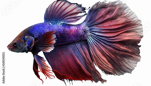  a purple and red fish with long tail and long tail, on a white background, with a black tail and a red tail and blue tail. generative ai
