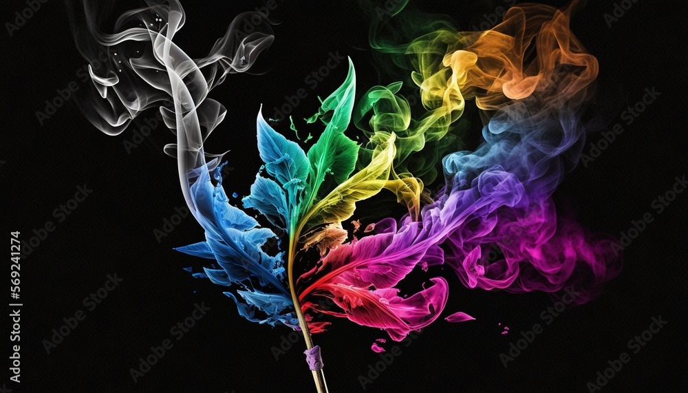  a rainbow colored flower with smoke coming out of the top of the flower stem on a black background with a black back ground and a black back ground.  generative ai