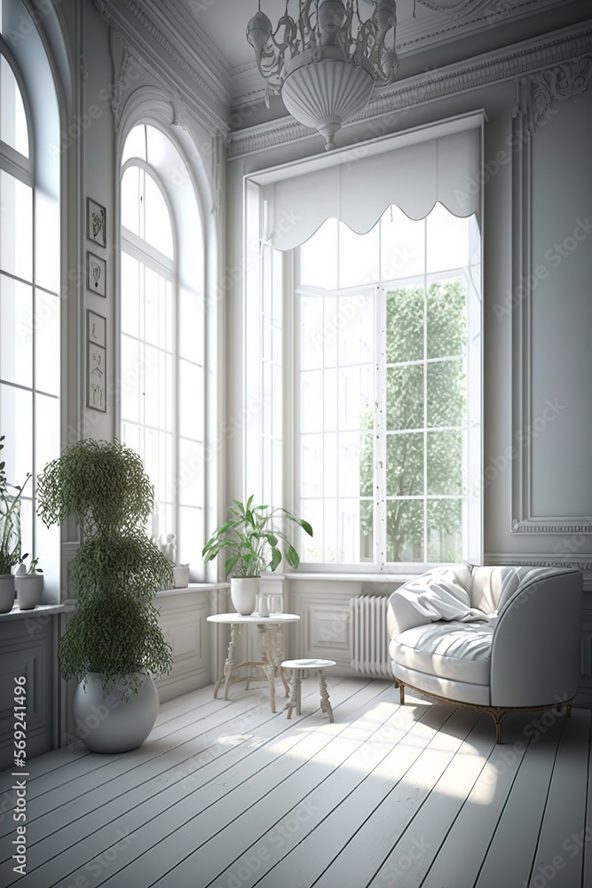 Interior design - Minimal modern white clean room 3d render. There are white couch, plant pots and big pictures on walls. Large windows looking out to see nature. Generative AI