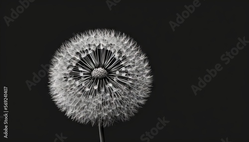  a black and white photo of a dandelion in full bloom with a black background and a black background with a white background and black background.  generative ai