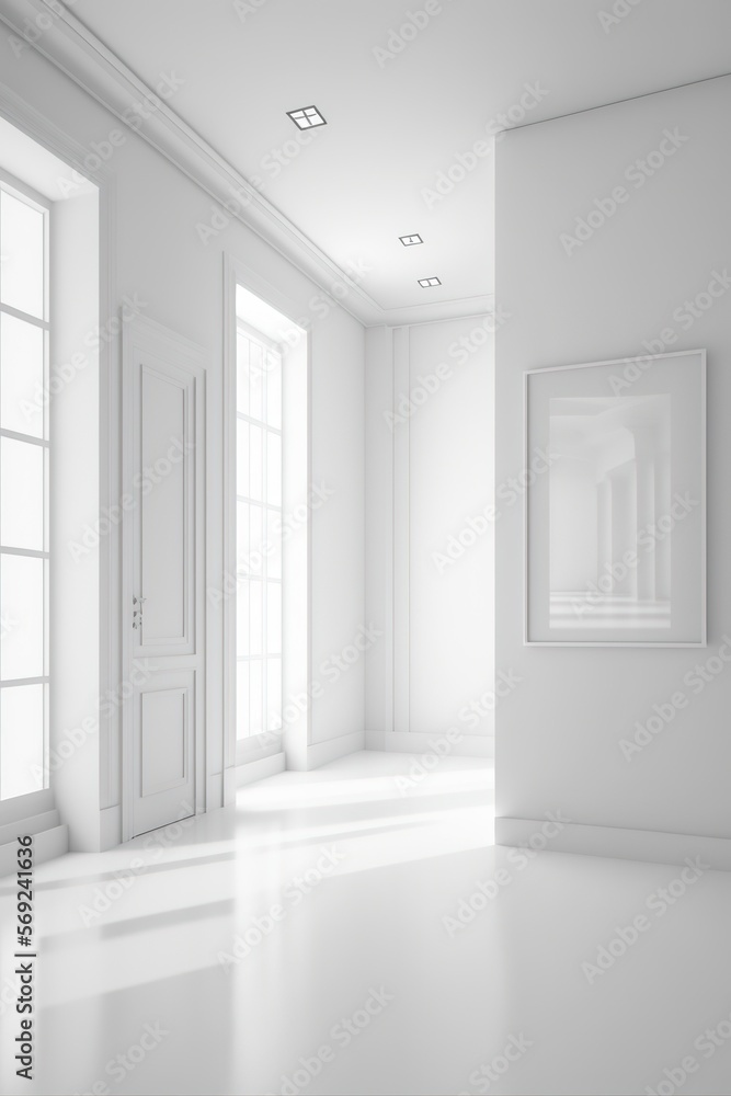 Minimal modern white clean room 3d render. There are white couch, plant pots and big pictures on walls. Large windows looking out to see nature. Generative AI Minimal modern white clean room 3d render. There are white couch, plant pots and big pictures on walls. Large windows looking out to see nature. Generative AI