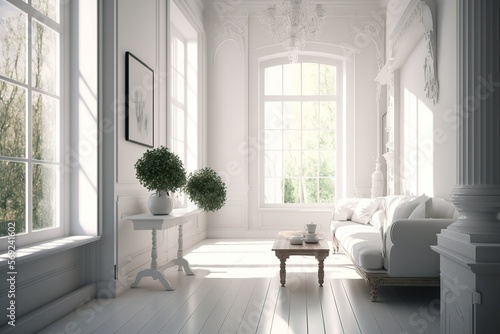 Minimal modern white clean room 3d render. There are white couch  plant pots and big pictures on walls. Large windows looking out to see nature. Generative AI