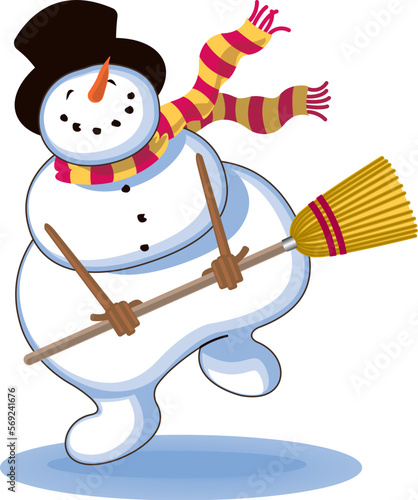 Happy, dancing snowman cartoon, cmyk vector illustration