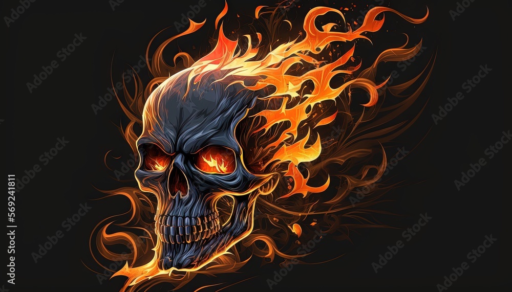 a skull with flames on it's head on a black background with a black ...