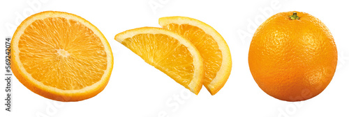 Conjunto de laranjas frescas - laranja inteira, laranja cortada e pedaços de laranjas