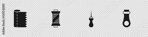 Set Textile fabric roll, Sewing thread on spool, Awl tool and Zipper icon. Vector
