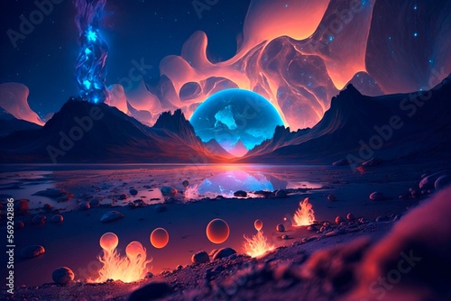 Night bioluminescent scene. Starry sky. Fantasy landscape. Glowing surface. Alien planet. Generative AI illustration.