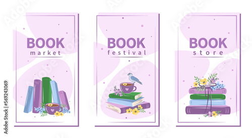 Set of layout design for bookshop, library, bookstore, festival or education.  Books with spring flowers. Vector illustration
