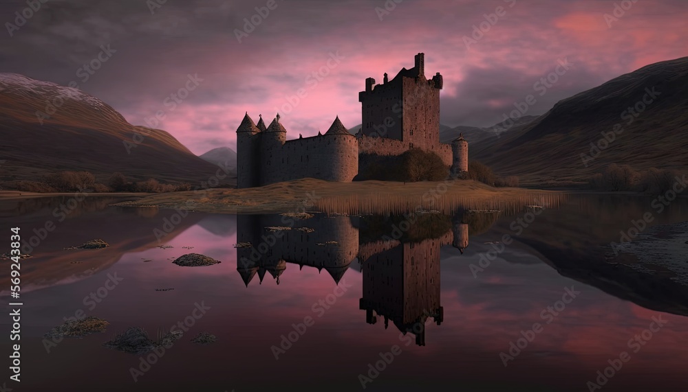  a castle sitting on top of a lake surrounded by mountains under a cloudy sky with a pink sky behind it and a reflection of the castle in the water.  generative ai