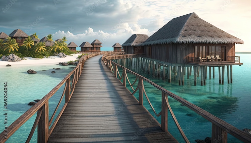  a wooden pier leading to a beach with a hut on the water and palm trees on the shore of the water and a dock leading to the beach.  generative ai