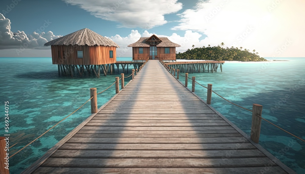  a wooden dock leading to a small island with a hut on it's top and a dock leading to a small island with a hut on it's top.  generative ai