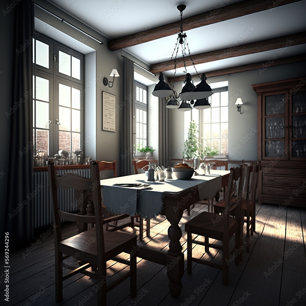 Dining room with table, chairs and large windows, created using generative ai technology