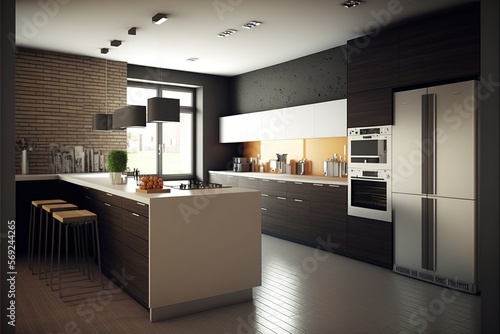 Modern kitchen with peninsula, appliances and large window, created using generative ai technology