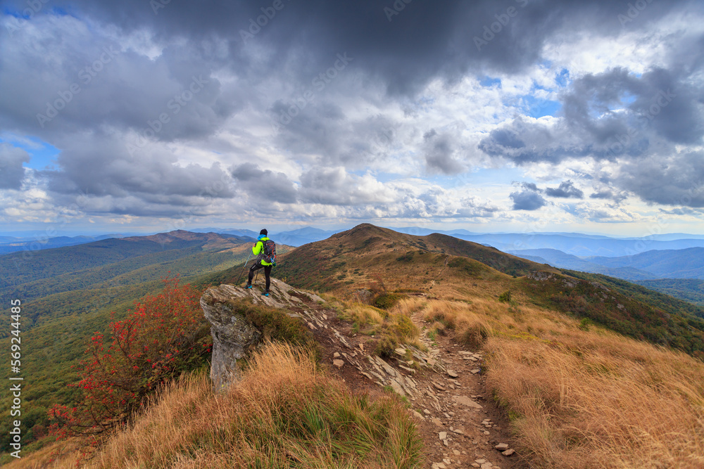 Fototapeta premium female tourist in a green jacket on a rock in the mountains