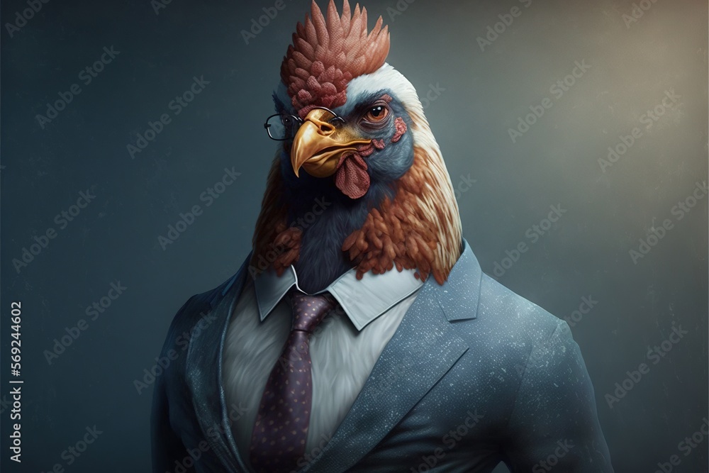 Portrait of hen with glasses, suit and tie, on grey, created using generative ai technology