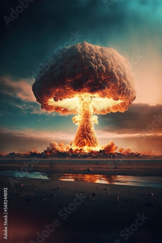 Image of landscape with nuclear explosion created using generative ai technology