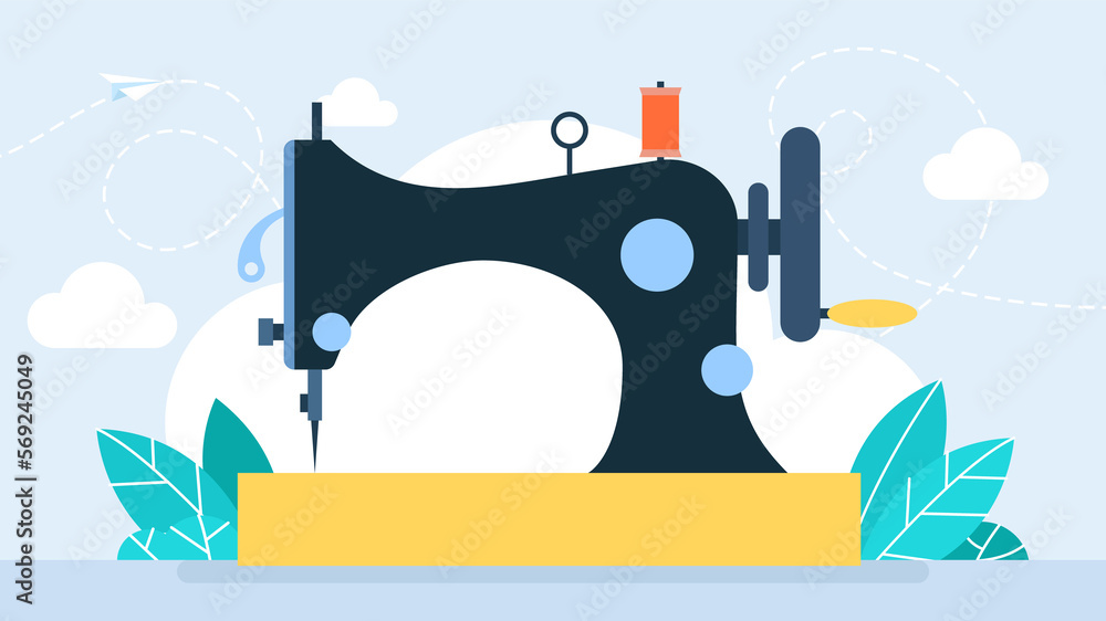 Sewing machine retro. Vintage black sewing machine and fast tailoring clothes. Sew. Tailor shop. Tailoring craft and Textile production. Fashion and clothes. Flat style design. Illustration