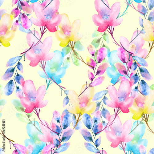 Watercolor seamless pattern, background with a floral pattern. Beautiful vintage drawings of plants, flowers,willow branch, berry for your design. For cloth, paper, scarf. A flower of a camomile.
