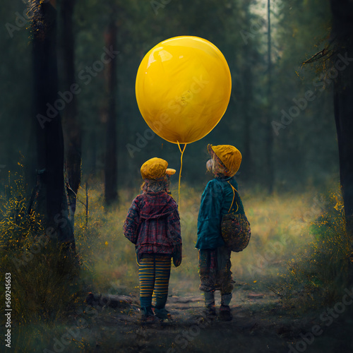 Children Holding Baloon In Front of The Forest