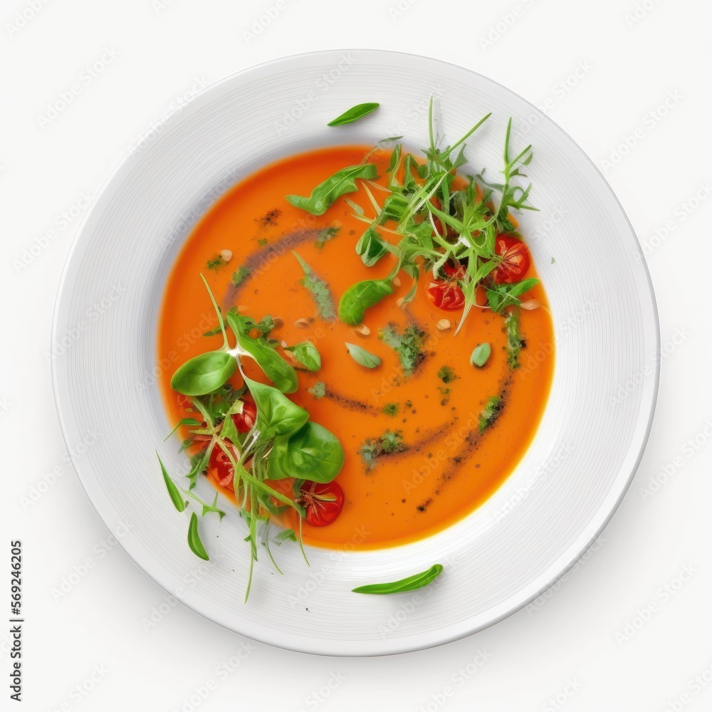 Summer Spanish soup - gazpacho with rocket salad isolated on white background. Vegetarian cold tomato soup in white plate. Meatless food in menu. Veggie lunch. Healthy food. Plant based eating Summer Spanish soup - gazpacho with rocket salad isolated on white background. Vegetarian cold tomato soup in white plate. Meatless food in menu. Veggie lunch. Healthy food. Plant based eating