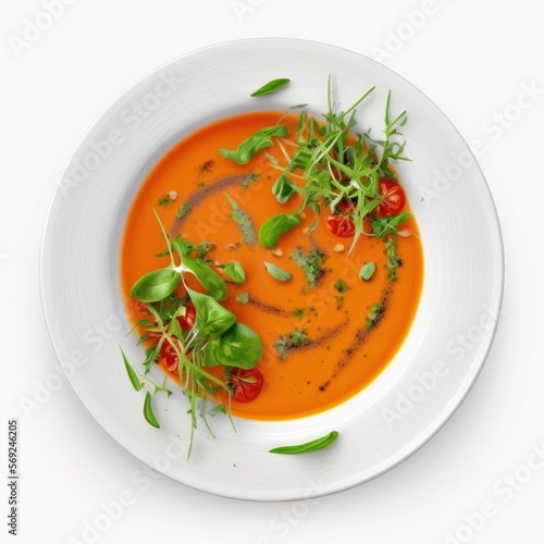 Summer Spanish soup - gazpacho with rocket salad isolated on white background. Vegetarian cold tomato soup in white plate. Meatless food in menu. Veggie lunch. Healthy food. Plant based eating