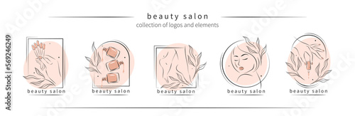 Big set of elements and logos for beauty salon. Nail polish,  manicured female hands and legs, beautiful woman face, lipstick, eyelash extension, makeup, hairdressing. Vector illustrations