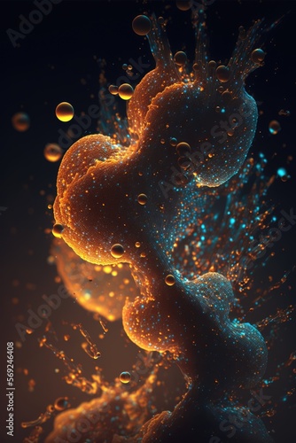 Magnified shiny orange liquid particles floating in the air created using generative ai technology