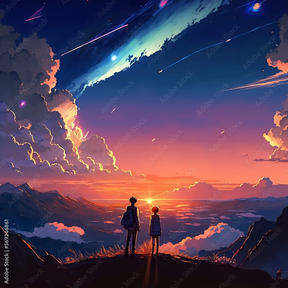 Anime Couple looking at Sunset, Anime Digital Art illustration for  background wallpaper. Generative AI Stock Illustration, background  wallpaper anime 