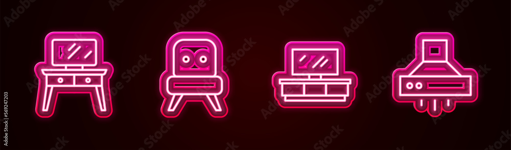 Set line Dressing table, Armchair, TV stand and Kitchen extractor fan. Glowing neon icon. Vector Set line Dressing table, Armchair, TV stand and Kitchen extractor fan. Glowing neon icon. Vector