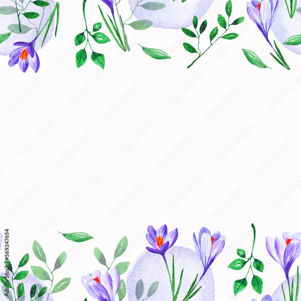 Watercolor seamless frame with spring flowers crocuses for invitations, greeting, decor