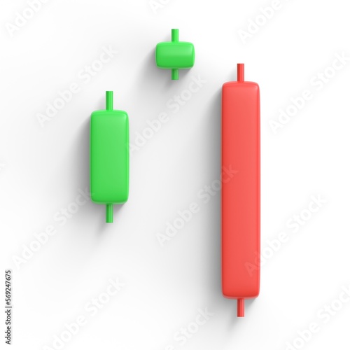 candle stick pattern Evening doji star. forex stock or crypto trading. inverse and reversal pattern to bullish or bearish graph. tutorial investment concept. 3d render isolated on white background. photo