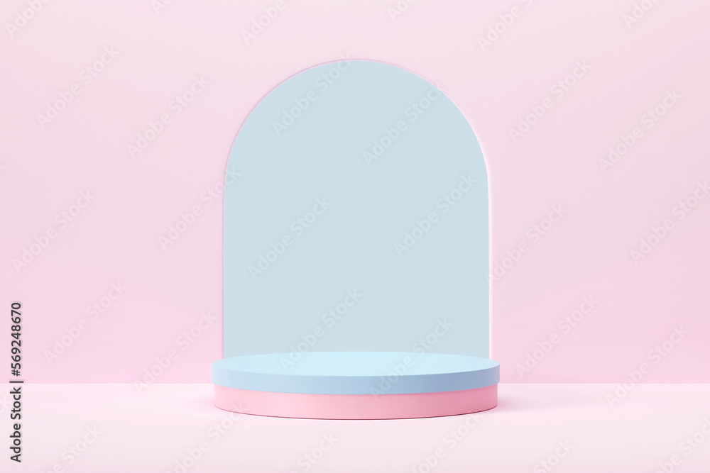 3D rendering pastel blue and pink podium with pink arch background. 