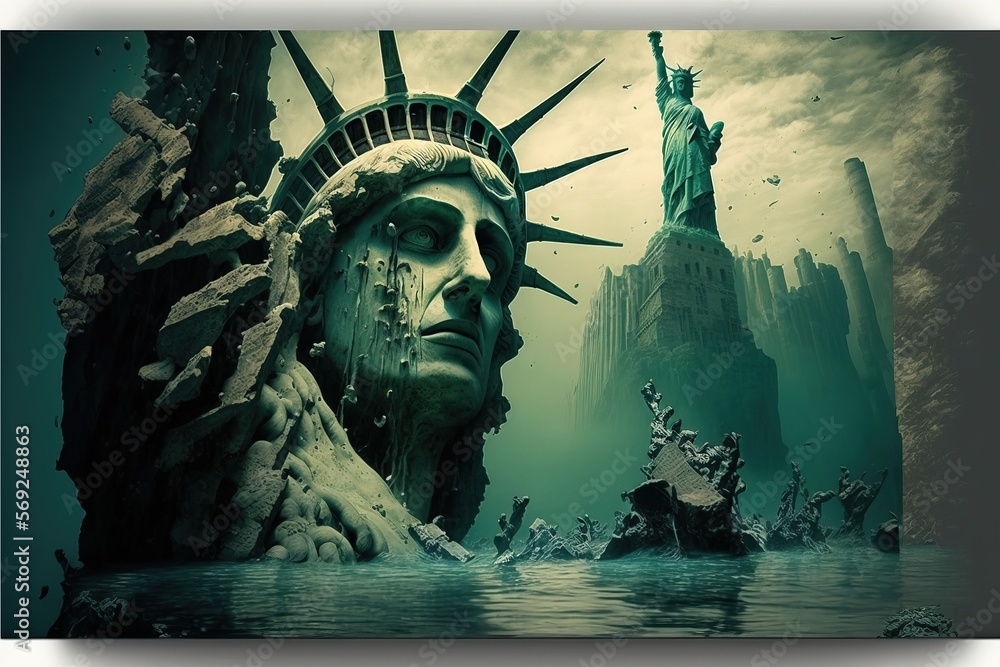 "A haunting artwork in apocalyptic style featuring multiple statues of