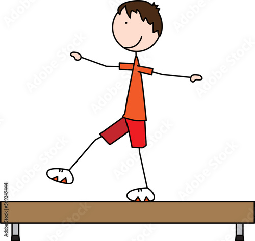 Happy kid exercises on balance beam