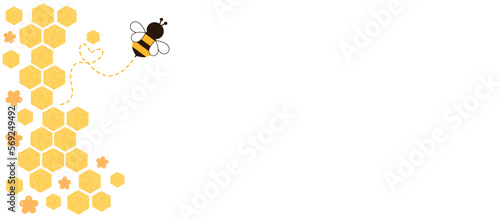 Beehive honey sign with bee cartoon, heart dot line and orange flower isolated on white background vector illustration.