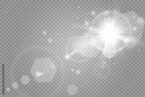 Special lens flash, light effect. The flash flashes rays and searchlight. illust.White glowing light. Beautiful star Light from the rays. The sun is backlit. Bright beautiful star. Sunlight. Glare.	